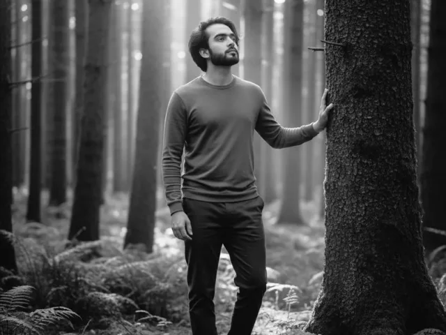 Man Standing in a Serene Sunlit Forest With a Calm, Nature-Connected Atmosphere