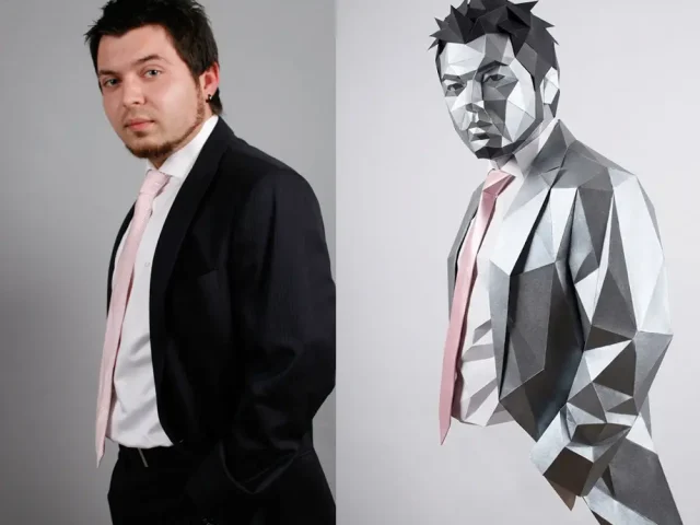 Futuristic Metallic-Paper Sculpture of You — Sharp Angular Forms in Silver and Graphite Tones