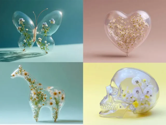 Realistic Transparent Balloon Shaped Like a [subject] Filled With Delicate [flowers/plants]