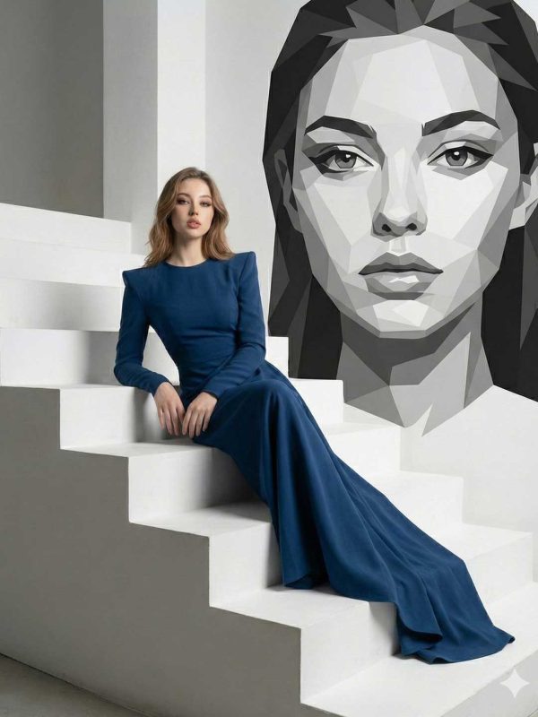 Luxury Blue Gown: Geometric Portrait Backdrop