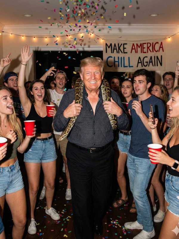 Wild House Party: Man Carrying Python Under Confetti