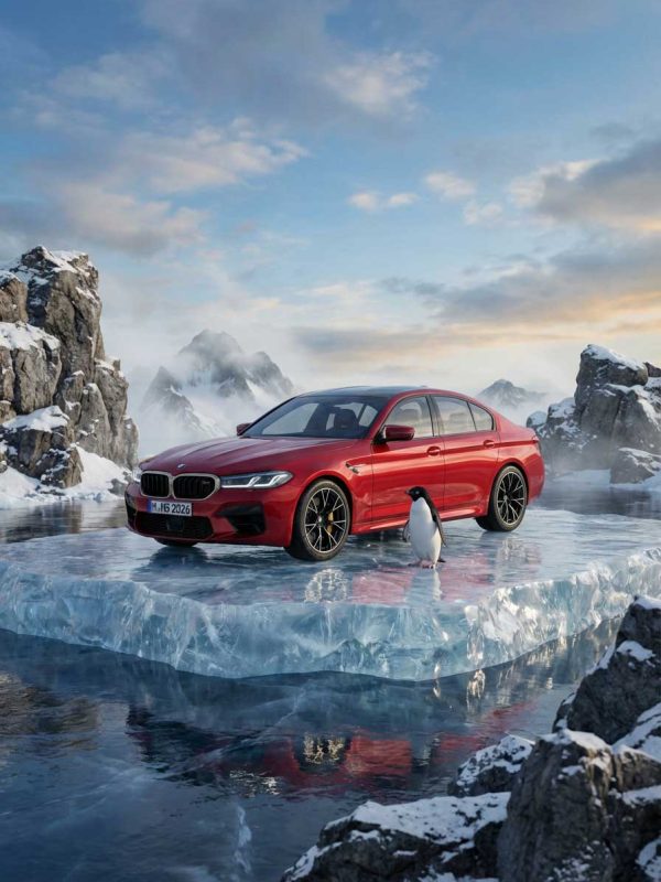 Ultra-Realistic Car on Floating Ice Platform with Penguin in Surreal Winter Landscape