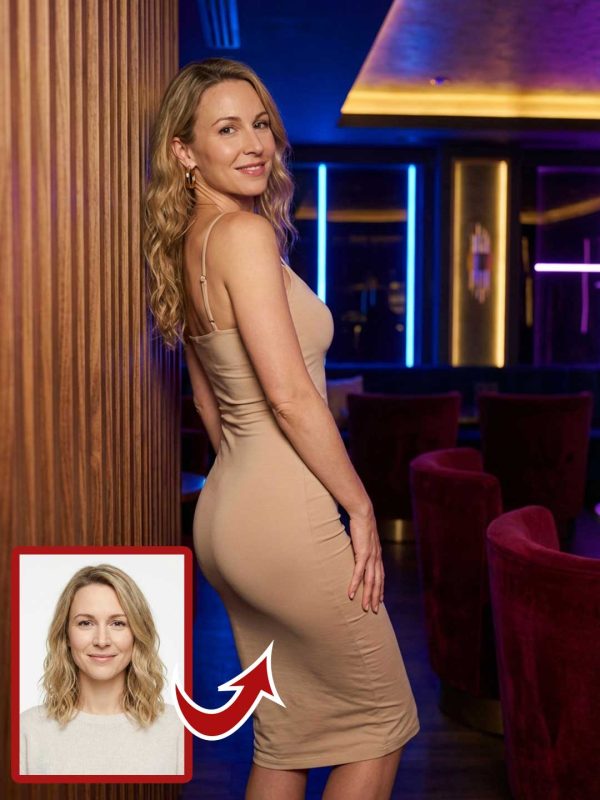 Photorealistic Fashion Portrait: Woman in Beige Bodycon Dress in Luxury Neon Lounge