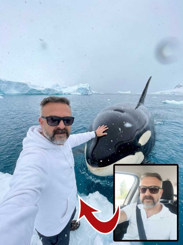 Epic Wide-Angle Selfie with Orca in Antarctica – Consistent Face & Extreme Adventure