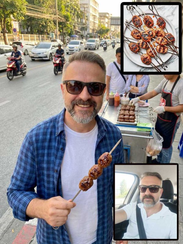 Realistic Male Food Blogger Promoting Street Food Skewers – Consistent Face & Urban Setting