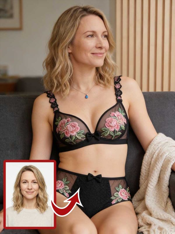 Hyper-Realistic Lingerie Portrait: Woman in Floral Embroidered Black Mesh Set on Couch