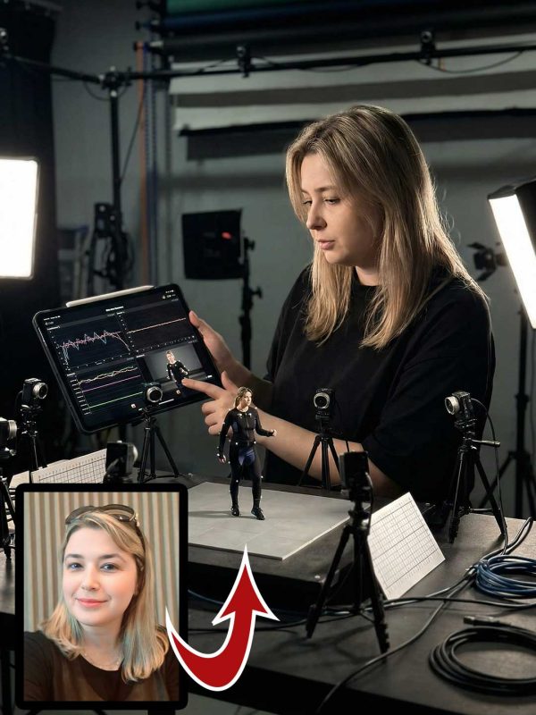 Photorealistic Woman Directing Miniature Motion Capture Digital Twin