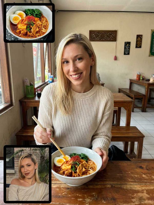Woman Dining in Traditional Warung with Chopsticks – Consistent Face & Detailed Food Texture