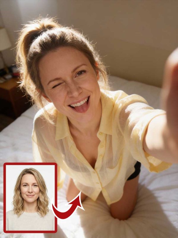 Playful High-Angle Selfie of Woman Winking – Candid Morning Lifestyle in Oversized Shirt