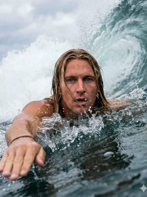 Dramatic Ocean Swimmer: Close-Up Action Shot with Face Consistency